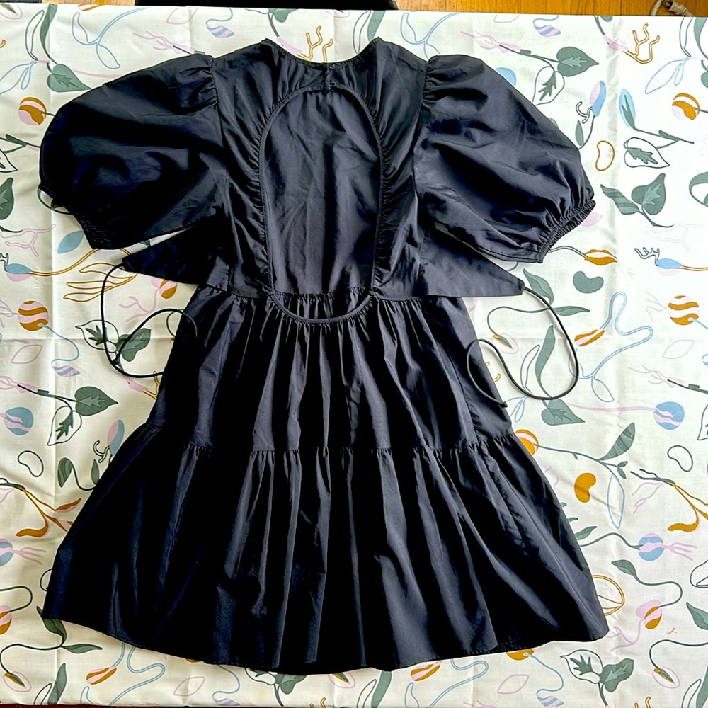 Zara black mini dress, balloon sleeves, open back